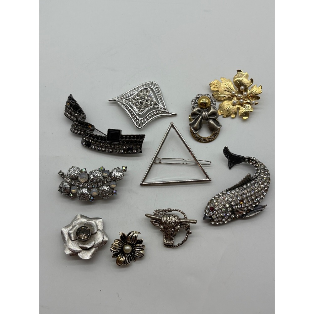 Vintage Brooch Lot 10pc Silver Gold Tone Rhinestone Fish Steer Floral Geometric